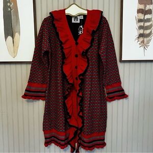 Storybook Knits NWT Whimsical Ruffles Long Cardigan Sweater Red Black